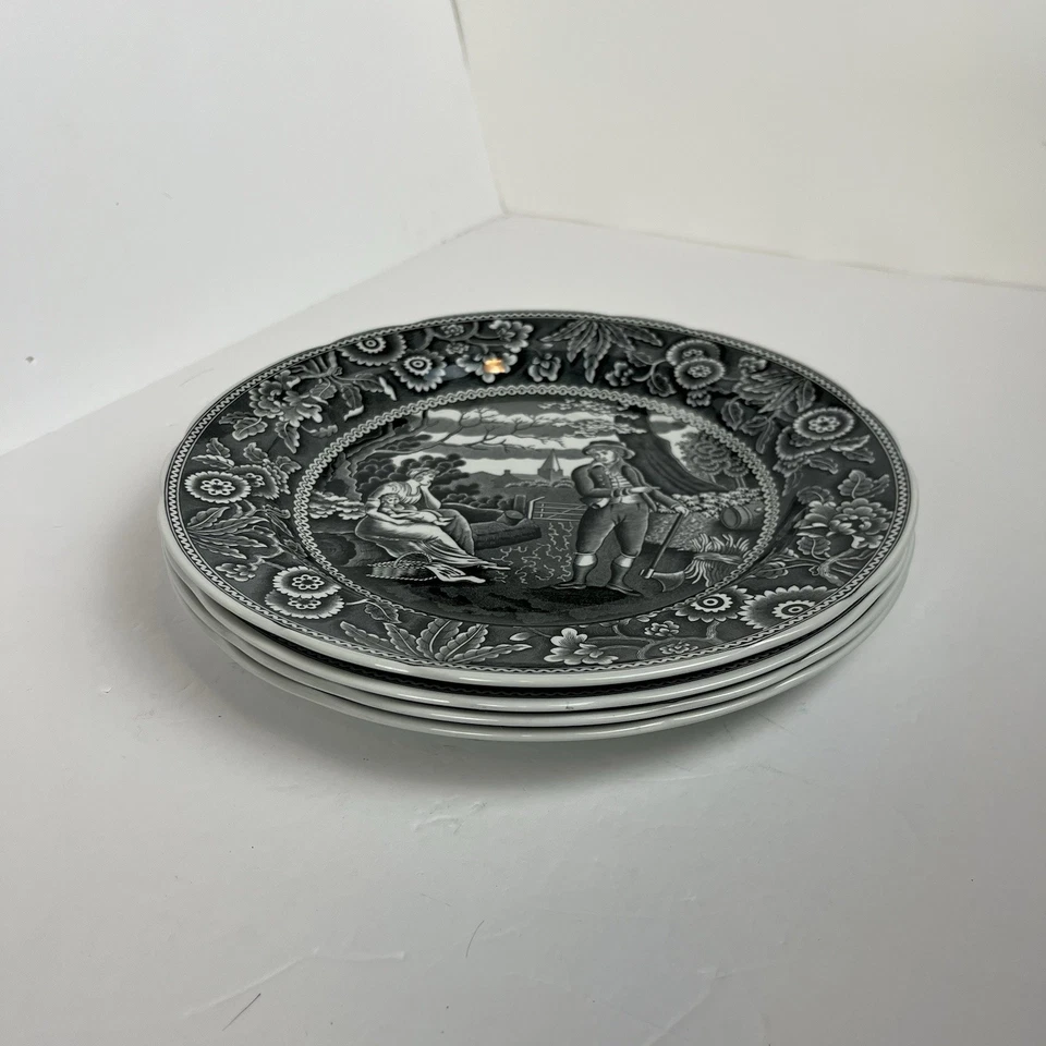 4 шт обеденных тарелки Spode Georgian Series Woodman 10 дюймов черные S3480-W Англия б/у в отличном состоянии - Изображение 2 из 4