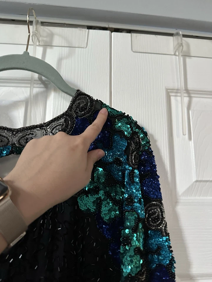 Vestido de cóctel vintage años 80 Niteline seda lentejuelas floral talla 6 Foto 3 de 4