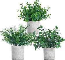3 Pack Small Potted Fake Plants Artificial Eucalyptus 7.9 Inch Realistic Bonsai