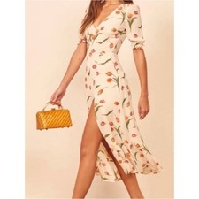 Reformation Nantes Bianca Floral Tulip Midi Dress Puff Sleeve Front Slit NWT S 8