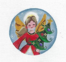 Angel in Red with a Christmas Tree HP Needlepoint Ornament Canvas Rebecca Wood