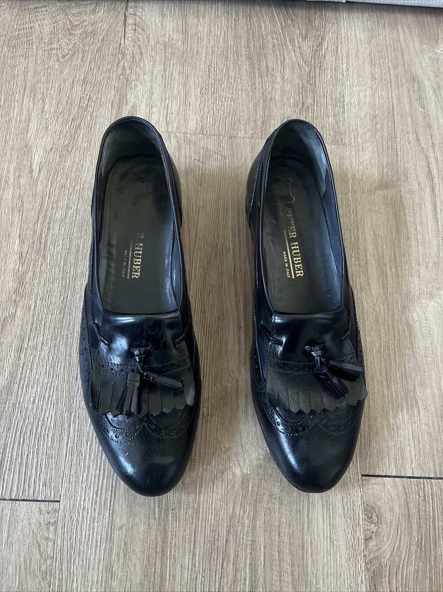 Peter Huber Tassel Loafers Mens Sz 9 M Black Leather Made in Spain Office Preppy Made in Italy Peter Huber Black Tassel Kiltie Loafer Size 9  main image 3