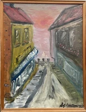 Expressionist Evening City View Street Houses Sky Oil Painting Dated 1971