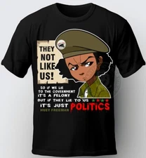 BOONDOCKS T-SHIRT. HUEY ON POLITICS BLACK T-SHIRT. HUEY FREEMAN, RILEY FREEMAN.