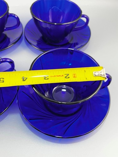 Vereco Duralex Bormioli Rocco Swirl Cobalt Blue Glass Cups and Saucers Set of 4 - Picture 5 of 7
