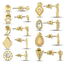 Gold Stud Earrings Set of 9 Pairs with Cubic Zirconia Crystals
