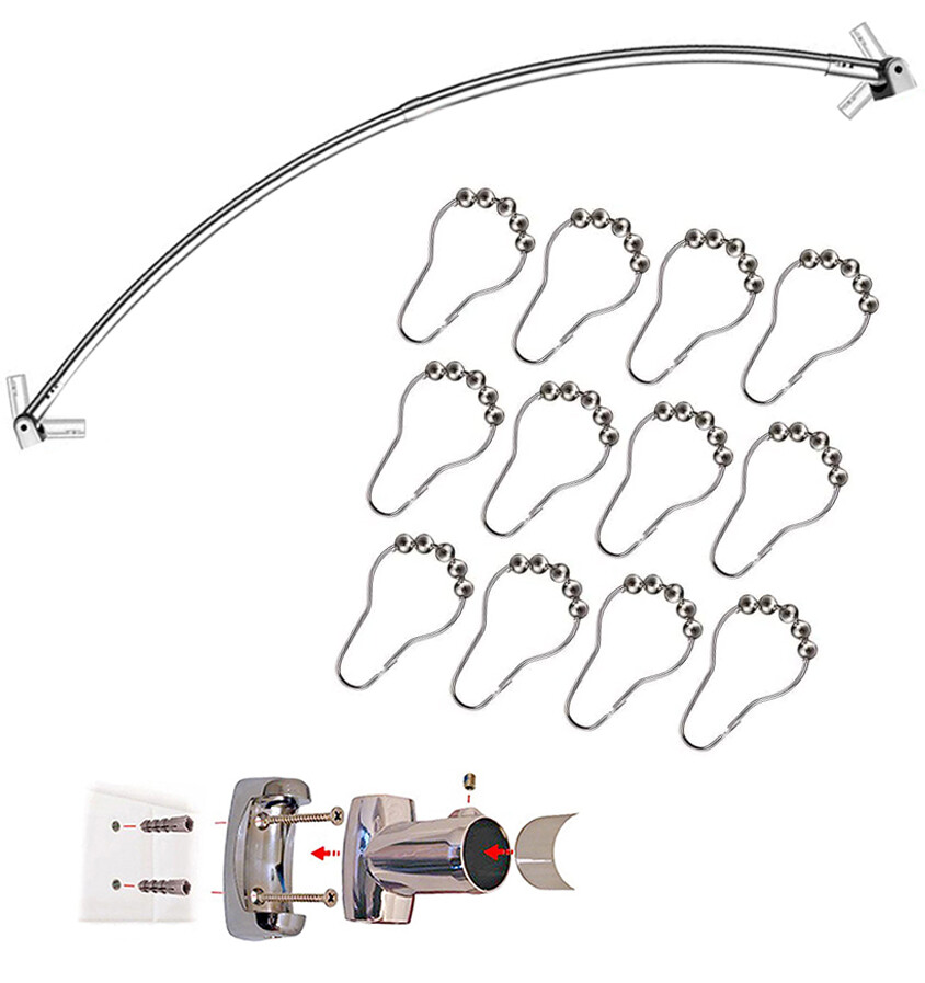 S/S STEEL EXTENSIBLE CURVED OVAL SHOWER CURTAIN ROD RAIL & 12 FREE