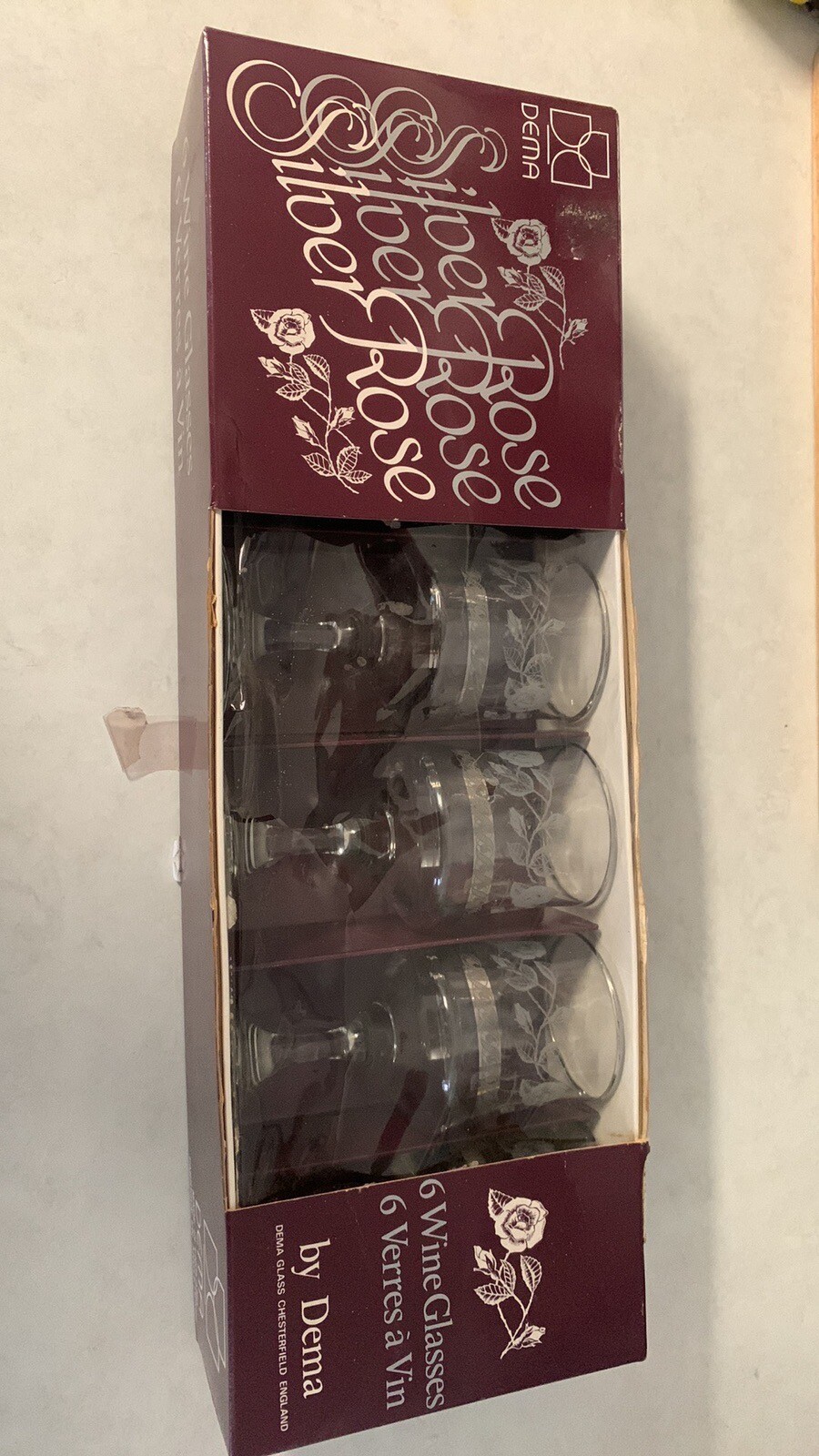 VINTAGE Silver Banded, Rose Etched, Wine Glasses X6 England By Dema