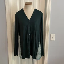 LOGO Lori Goldstein Medium Green LACE Back Cardigan Tunic Top Holiday Classic