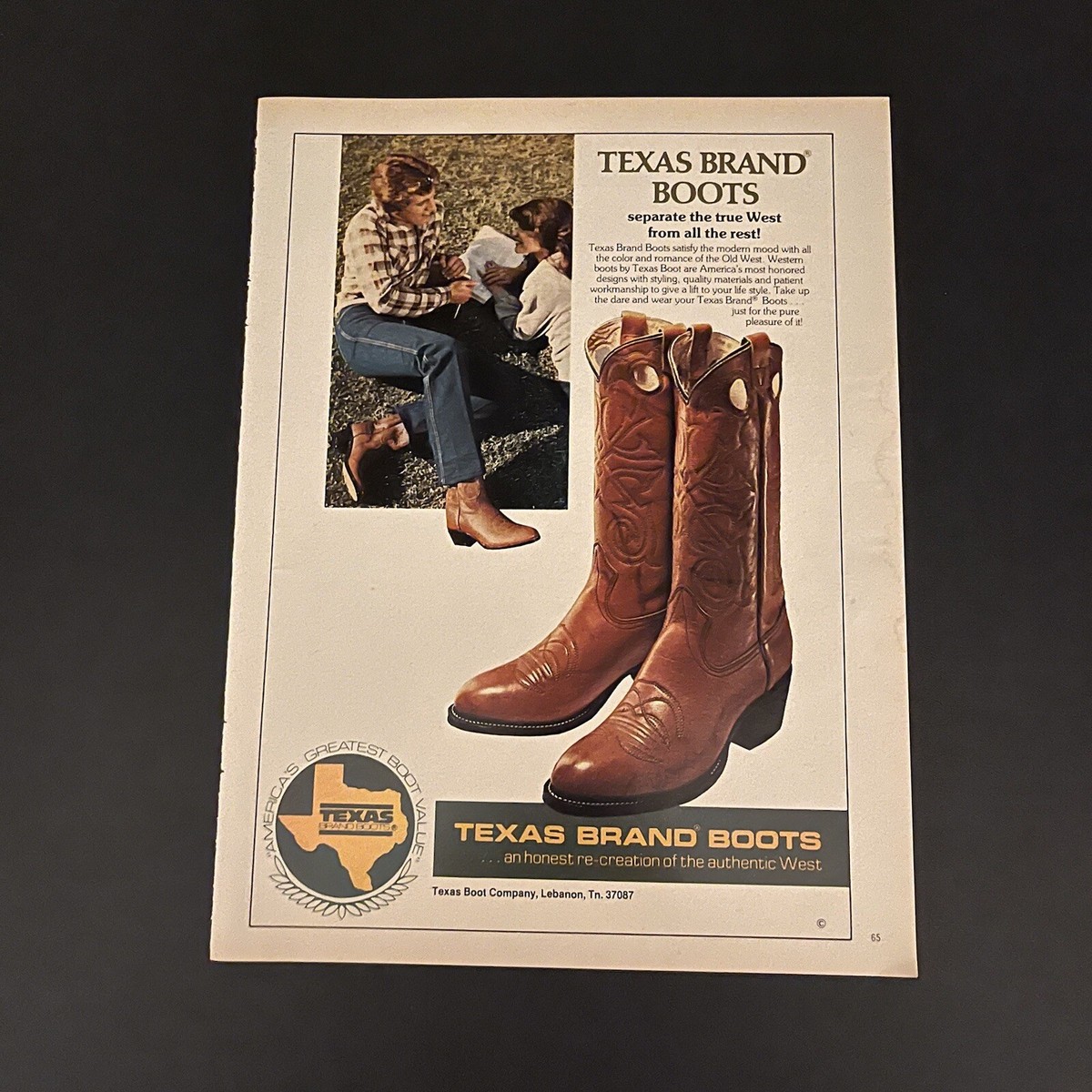 1980 Texas Brand Boots Print Ad Original Honest Re-Creation Of