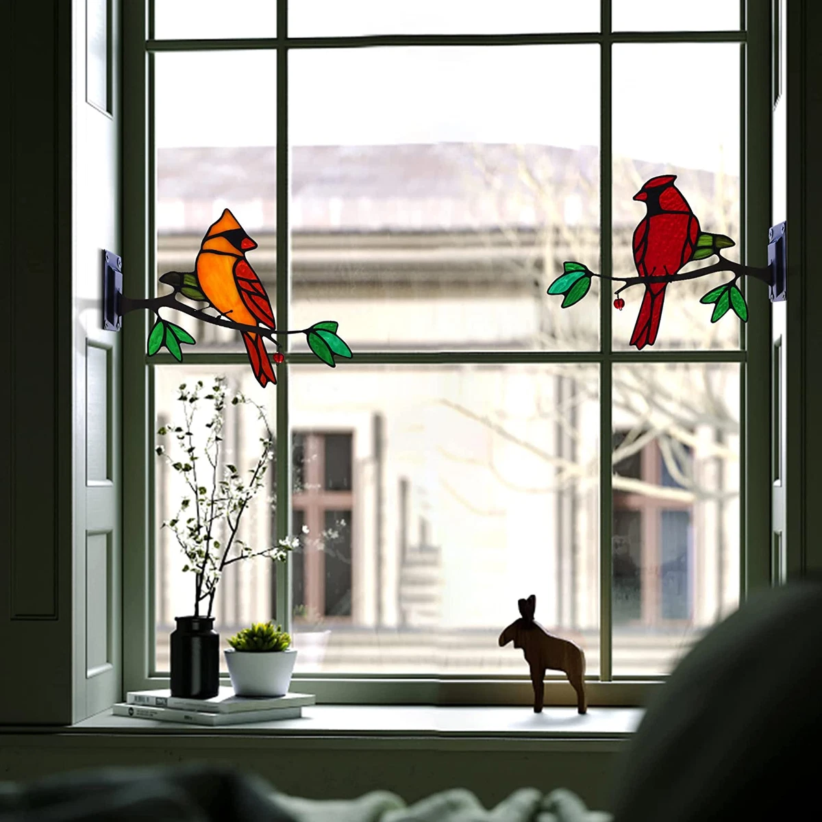 Red Cardinal Suncatcher Window Decor Red Birds on Branches Stained