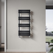 Image of Electric Towel Radiator With Thermostatic Bathroom Heater Black Flat Panel Timer