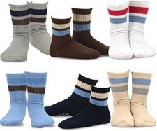 TeeHee Little Boys Basic Cotton Crew Socks 6 Pair Pair Sports Stripe