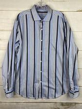 Bugatchi Uomo Dress Shirt Mens L Classic Fit Flip Cuff Blue Striped Button Up