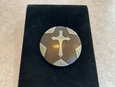 Vintage Round Etched Silver And Metal Belt Buckle W/ Cross