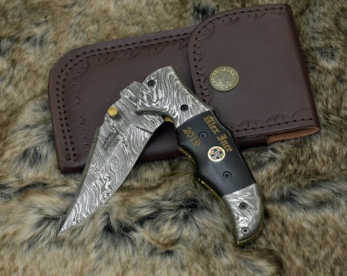 CUSTOM HANDMADE FORGED DAMASCUS STEEL EDC FOLDING BLADE POCKET KNIFE + SHEATH - Picture 2 of 9