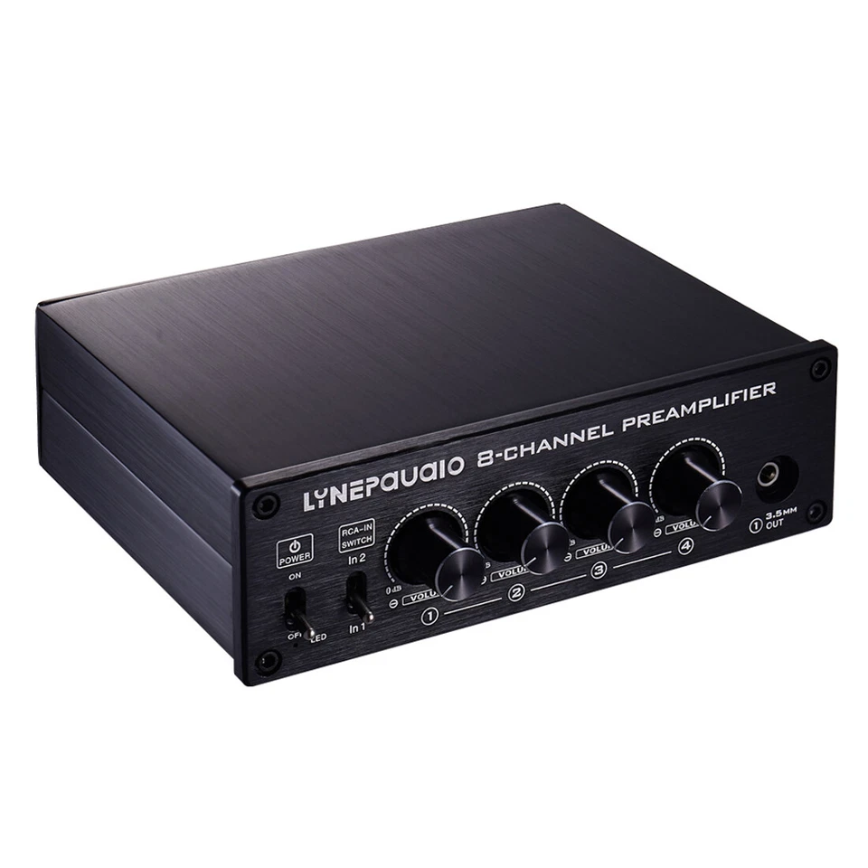 2-IN-8-OUT Analog Audio Switcher Box RCA/3.5mm Volume Control HiFi Stereo Preamp - Image 2 of 4