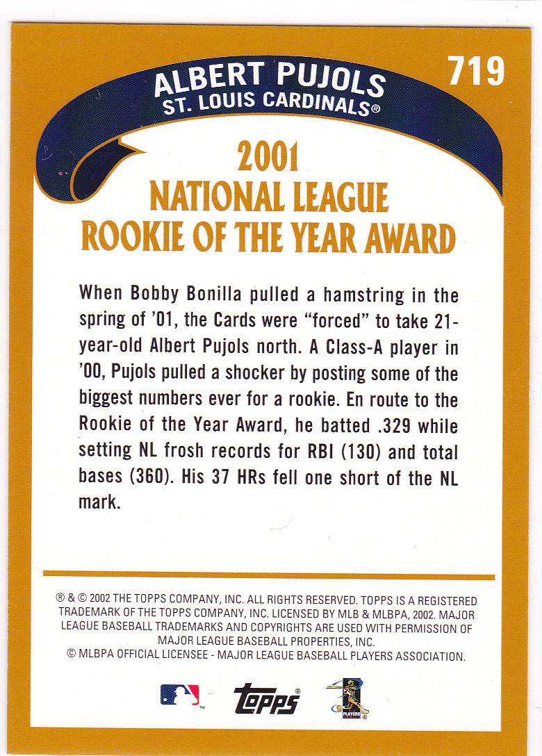 ALBERT PUJOLS ROOKIE AW Topps Baseball Card 2001 ROY St ALBERT PUJOLS ROOKIE AW Topps Baseball Card 2001 ROY St