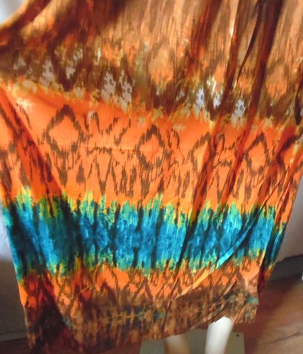 -ORANGE BROWN GEOMETRIC GREEN BLUE SUMMER ELASTIC DRESS MAXI LONG STRAPLESS S - Picture 4 of 11