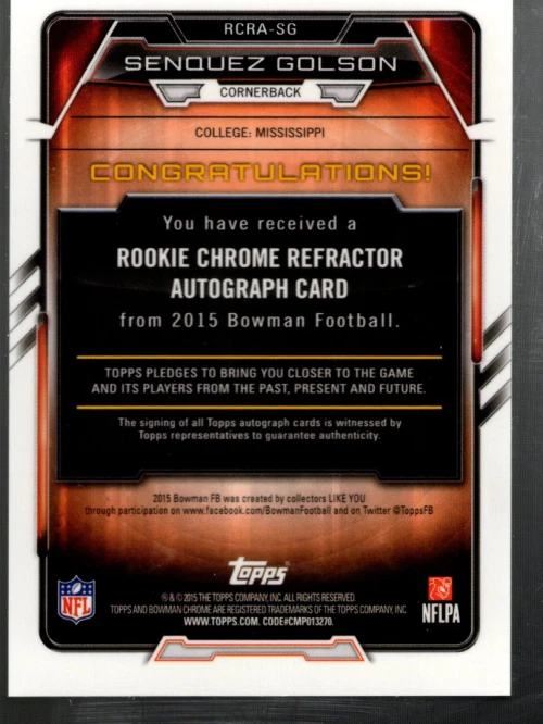 B4117- 2015 Bowman Chrome Rookie Autographs Refractors #RCRASG Senquez Golson - Image 2 of 2
