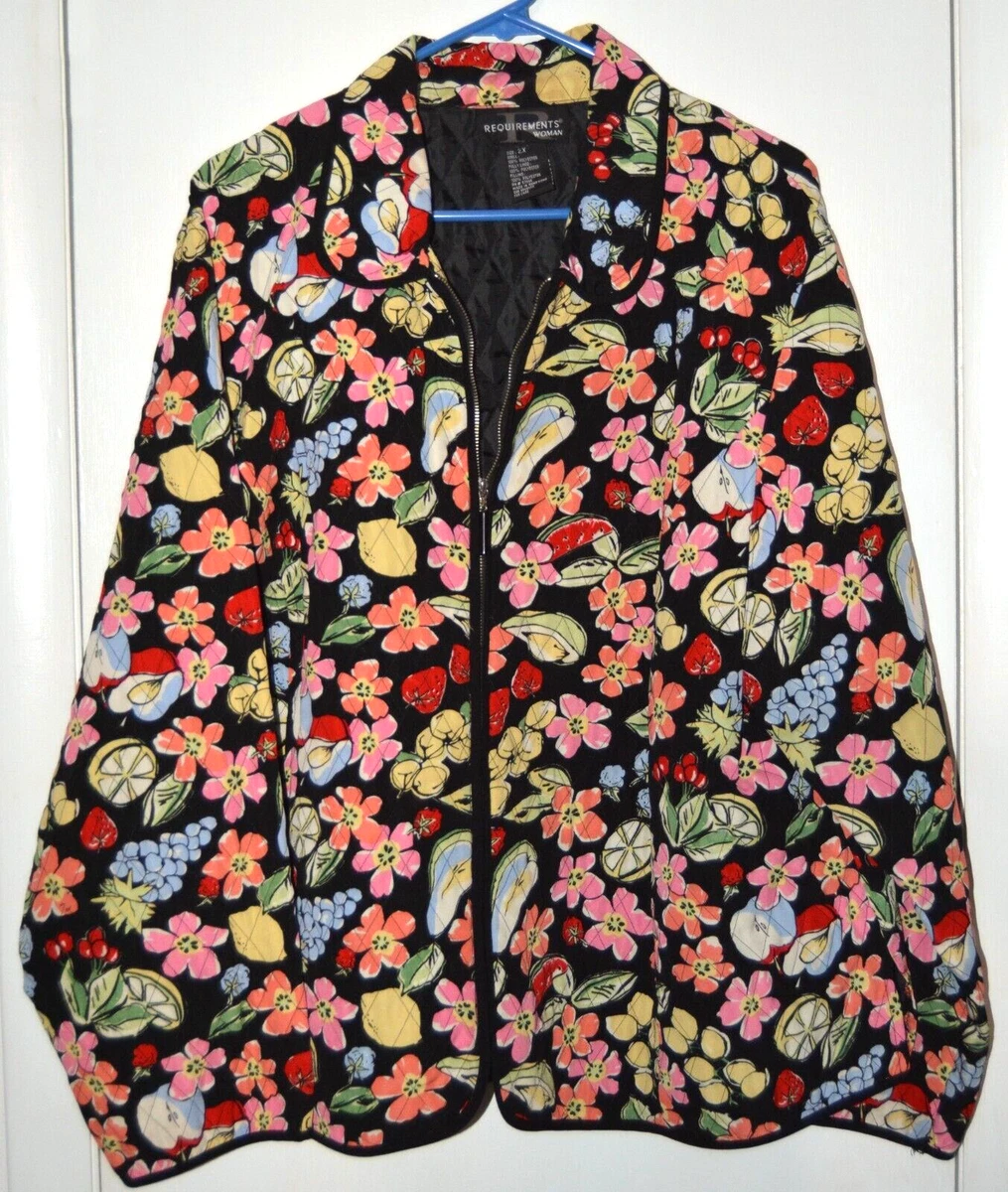 Womens 2X FLORAL Jacket zip front black flowers lightly quilted