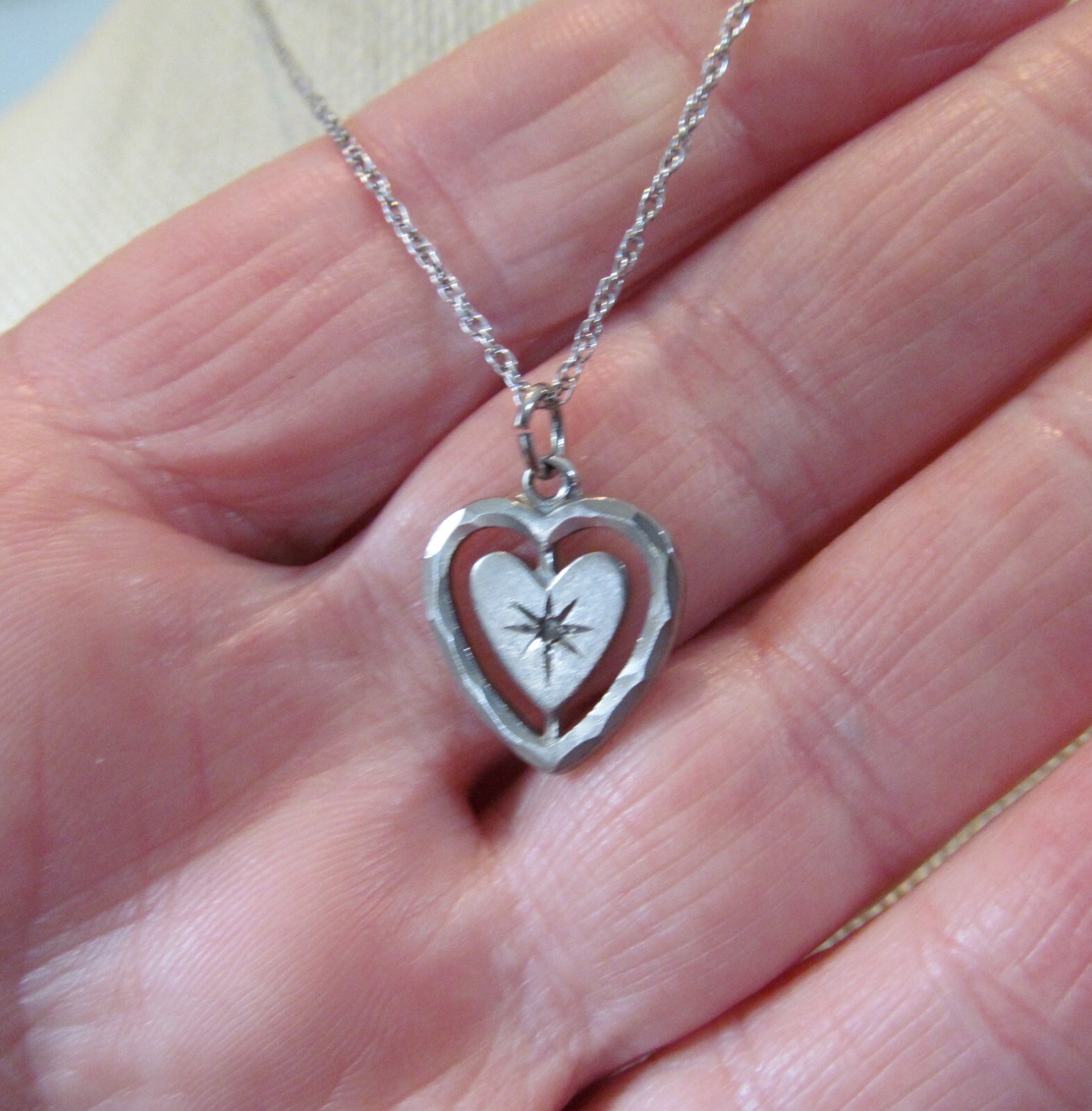 Solid Sterling Silver Open Frame Diamond Cut Hear… - image 3