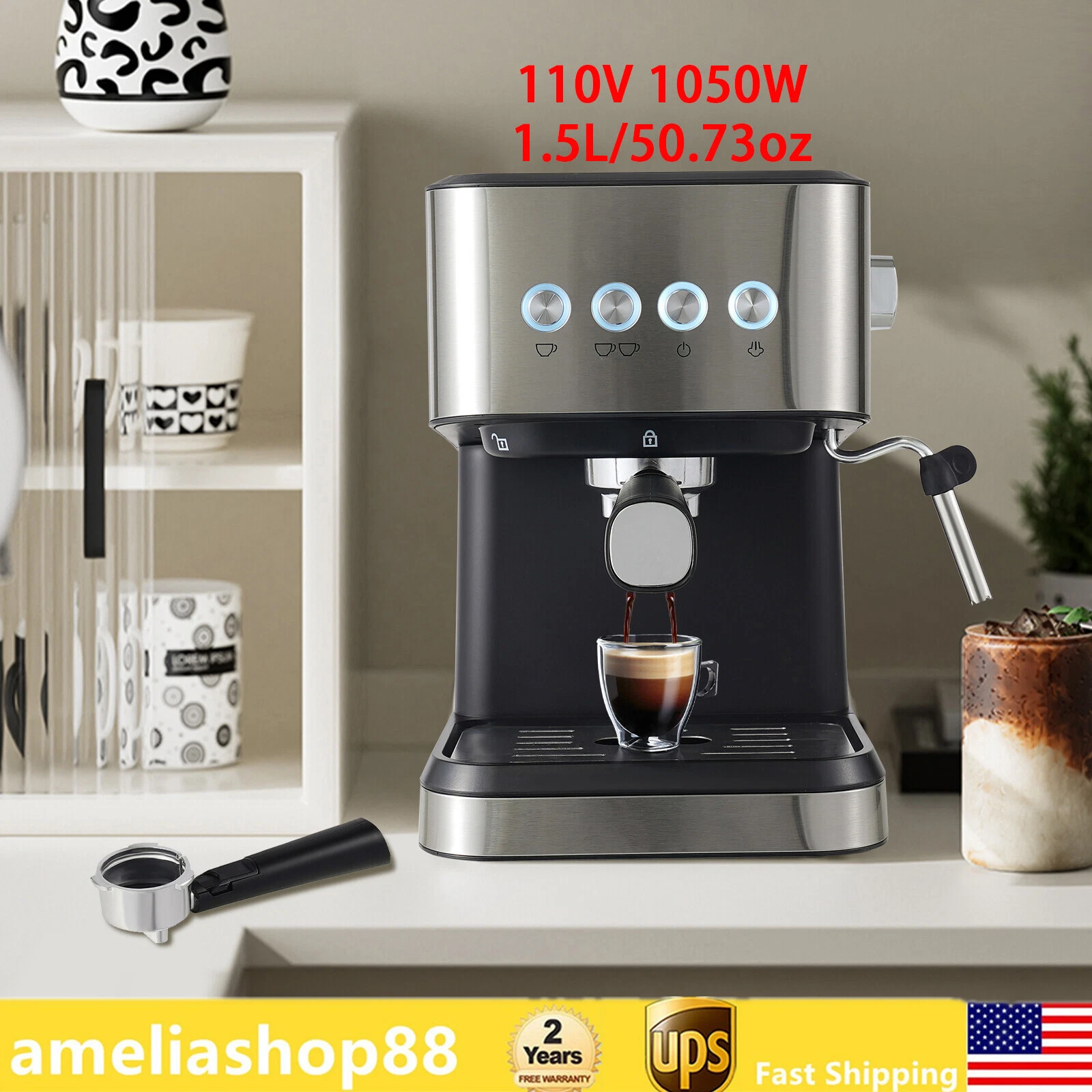 Semi-automatic Coffee Machine Cappuccino Machine W/ Insulated Cup Holder 1050W