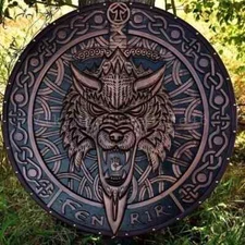 24'' Fenrir Wolf Carved Wooden Viking Shield Battle-Worn Shield Wall Décor