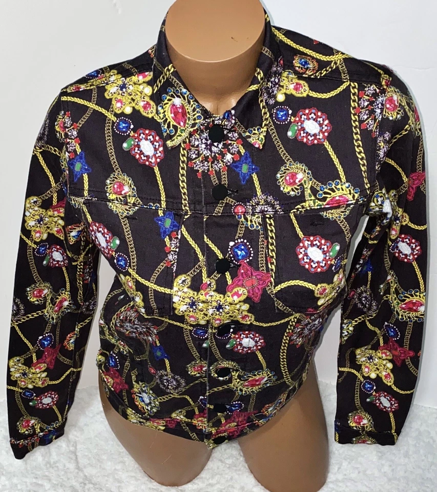 CHAQUETA VAQUERA L'AGENCE CRISTAL ADORNADO CADENA ESTAMPADO POR TODAS PARTES PEQUEÑA NUEVA SIN ETIQUETAS Foto 2 de 4