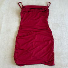 Women's Red Solid Bodycon Mini Dress S Spaghetti Strap Ruched Stretch Knit