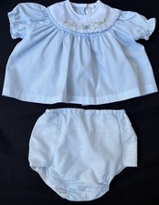 VTG Baby Blue Embroidered Dress Set Girl Size 6M  Matching Rubber Bloomers