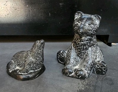 2 Vanstone Inuit Soapstone Handmade Carved Figurines, Bear And Seal From Canada