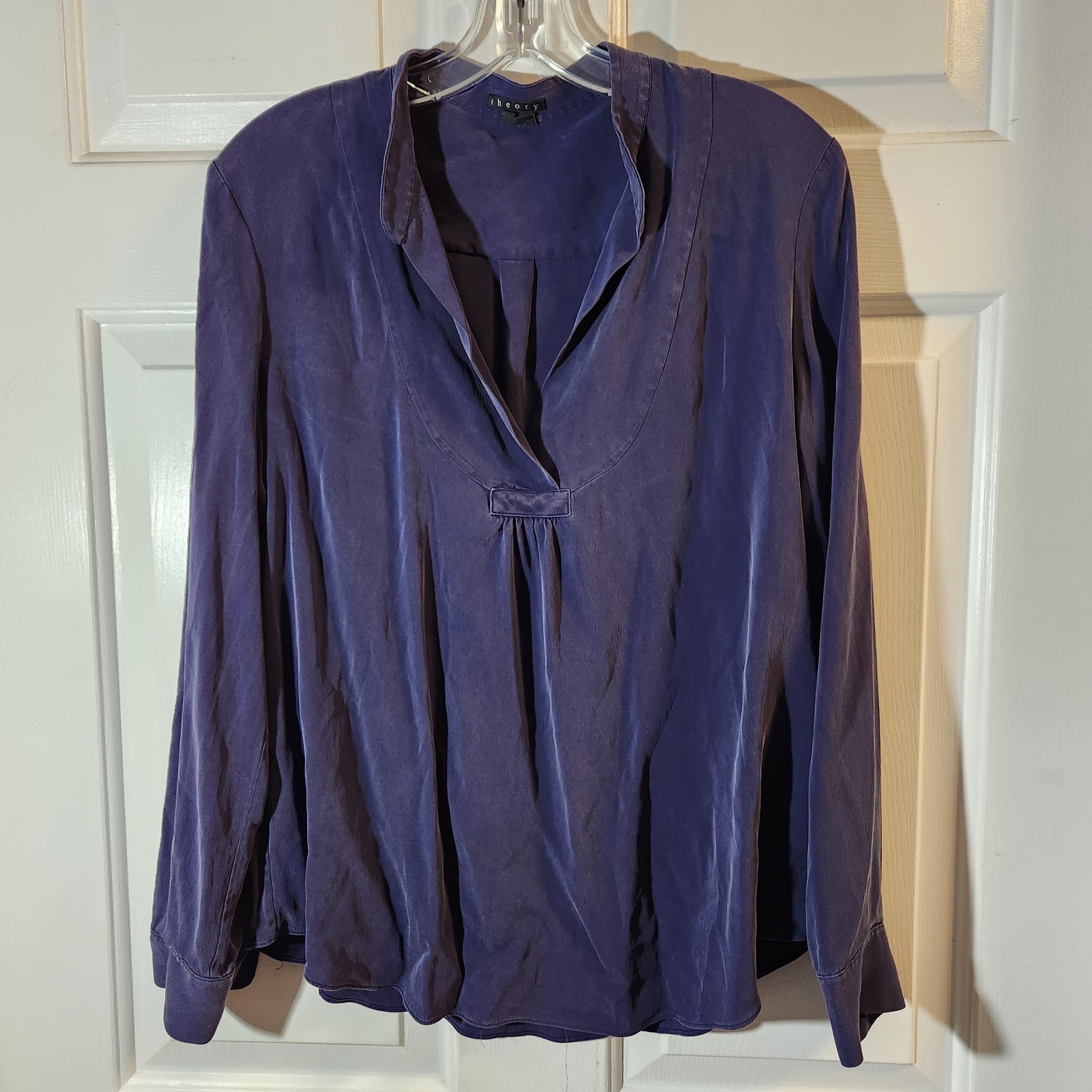 Theory Womens Large Blue Silk Long Sleeve Blouse