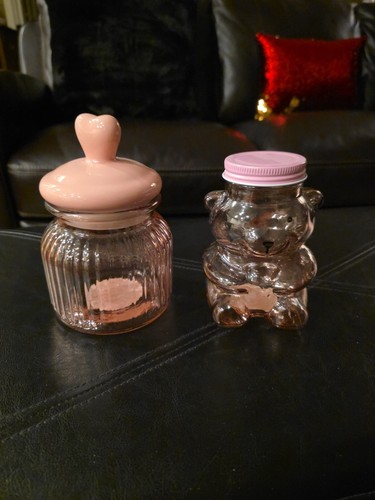 Valentines Day Candy Jars, Set Of 2, Pink With Heart Lid Bear Glass Candy Dish - Picture 5 of 8