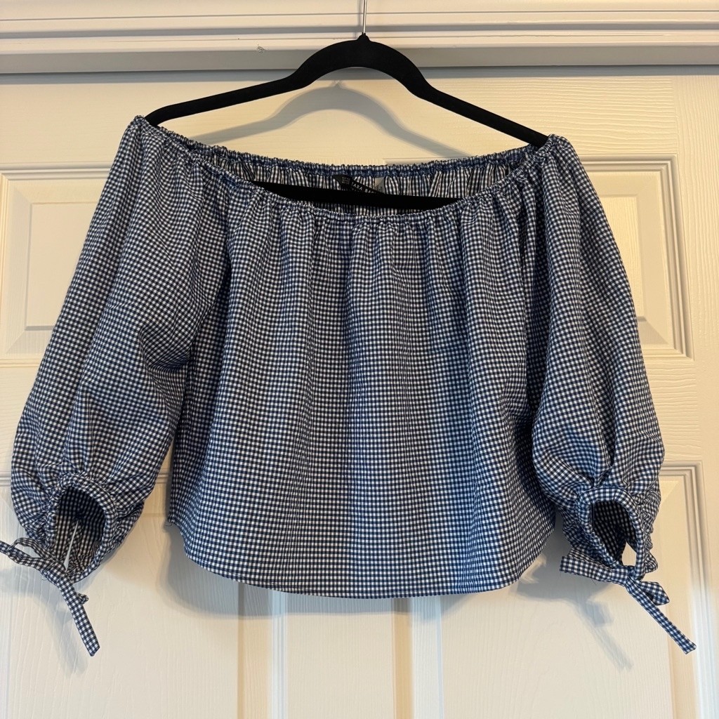 Women Zara Cropped Gingham Blouse XS Blue Black White Bow Sleeve Off Shoulder image 2