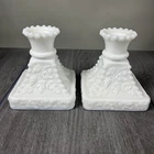 Vintage Westmoreland Milk Glass Old Quilt Candle Holder Candlesticks Grapes