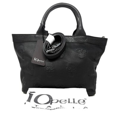 IO PELLE Skull Embossed Blck Leather Handbag Tote Bag Purse Crossbody *Smaller 