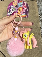 My Little Pony Fluttershy Figure Keychain Pink Pom Pom Bag Charm Key Ring