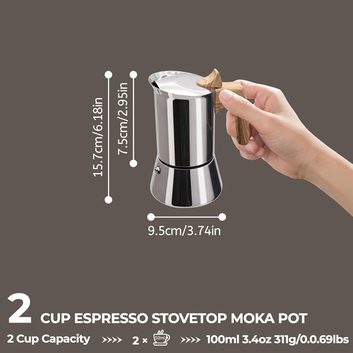 Unbeschichtete 2 Tassen Mokkakanne 304 Verdickter Edelstahl Kaffeemaschine Herdplatte Espr - Bild 2 von 12