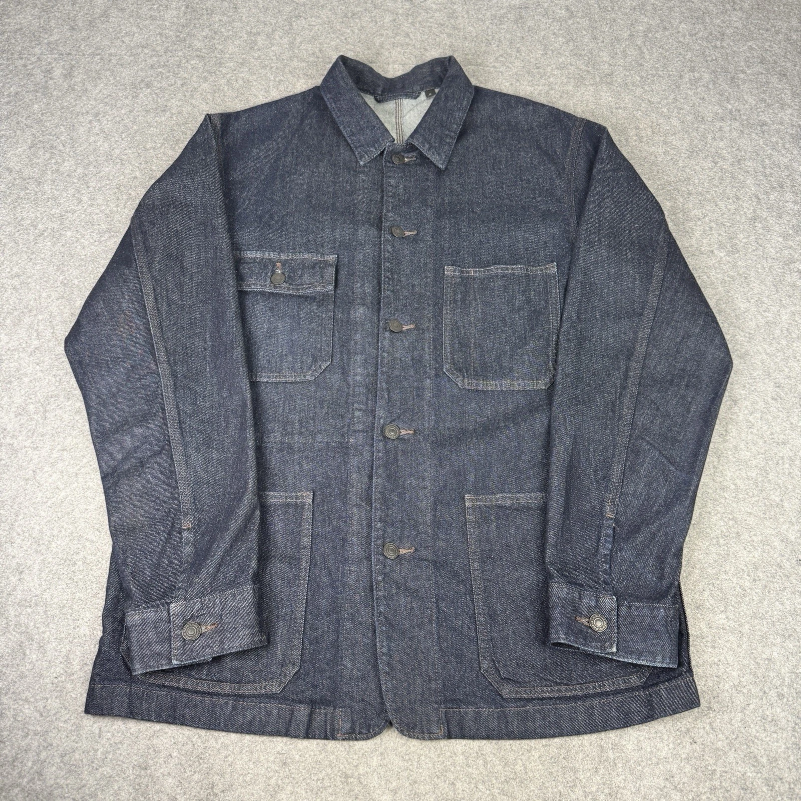 Uniqlo Jacket Mens Medium Blue Indigo Denim Chore Shacket Utility Stretch Work