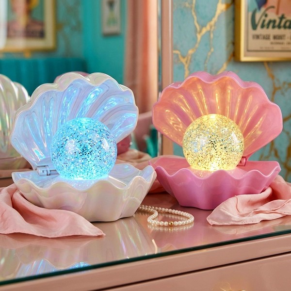 2X RGB LED Tischleuchte Muschel Usb-Betrieb Wasserkugel Glitzereffekt H 15 Cm-image