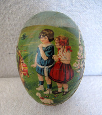 Antique German Paper Mache 4 3/8  long Easter Egg Candy Container Girls / Basket