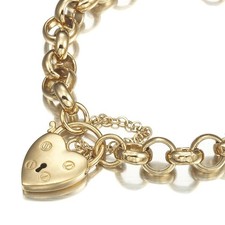 18K GL Solid Thick Belcher Gold Bracelet & Classic Antique Style Heart Padlock