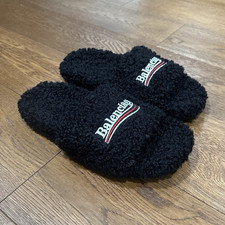 Balenciaga Black Faux Fur Logo Slide Sandal Men's US 9.5