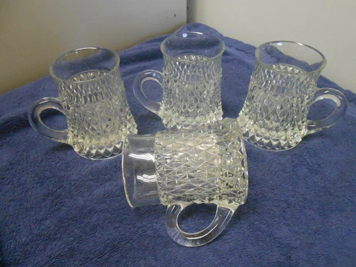 4 Vintage Indiana Glass Diamond Point Clear Glass Heavy Mug-Cup-Tankard 10oz