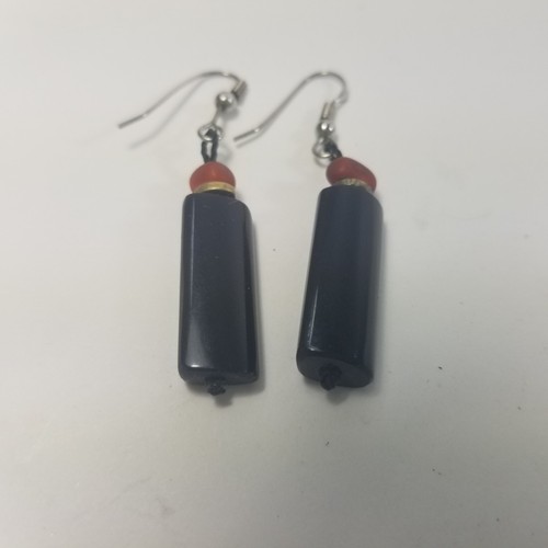 Vintage Black Drop Dangle Earrings Southwestern Native American Hook Silver Tone