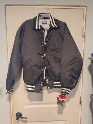 Vintage Holloway Mens Quilted Bomber Jacket Black White Stripe Large Button 