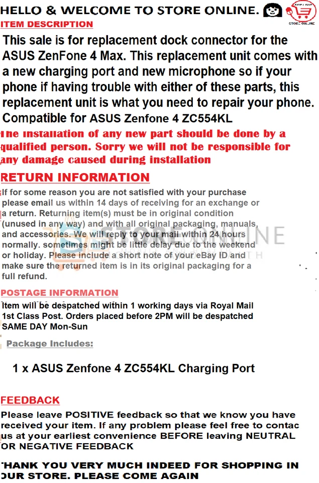 For ASUS Zenfone 4 ZC554KL Flex Cable Connector Port Charging Dock Motherboard - Image 2 of 2