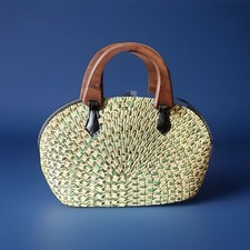 Vintage Green Straw/Sea Grass Woven Zipper Purse Double Carved Wood Handles