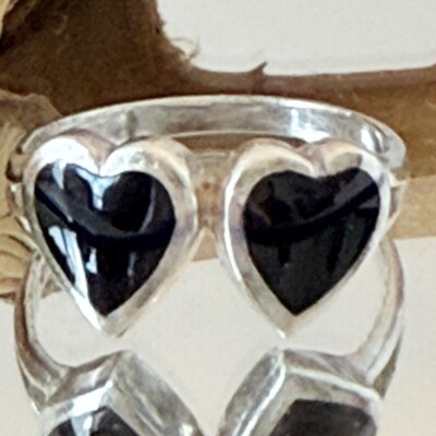 Sterling Silber schwarz Intarsien Doppel Herz Ring Größe 5 1/2